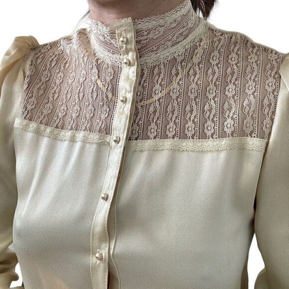 Vintage 1970s Gunne Sax Ivory Cream Satin Romantic Cottagecore Blouse Sz S - Picture 5 of 10